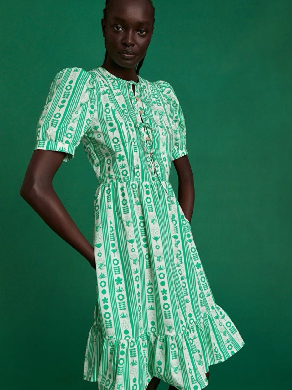 Green Print Puff-Sleeve Midi Dress
